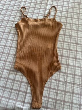 Ribbed Tan Womens Bodysuit with Adjustable Straps